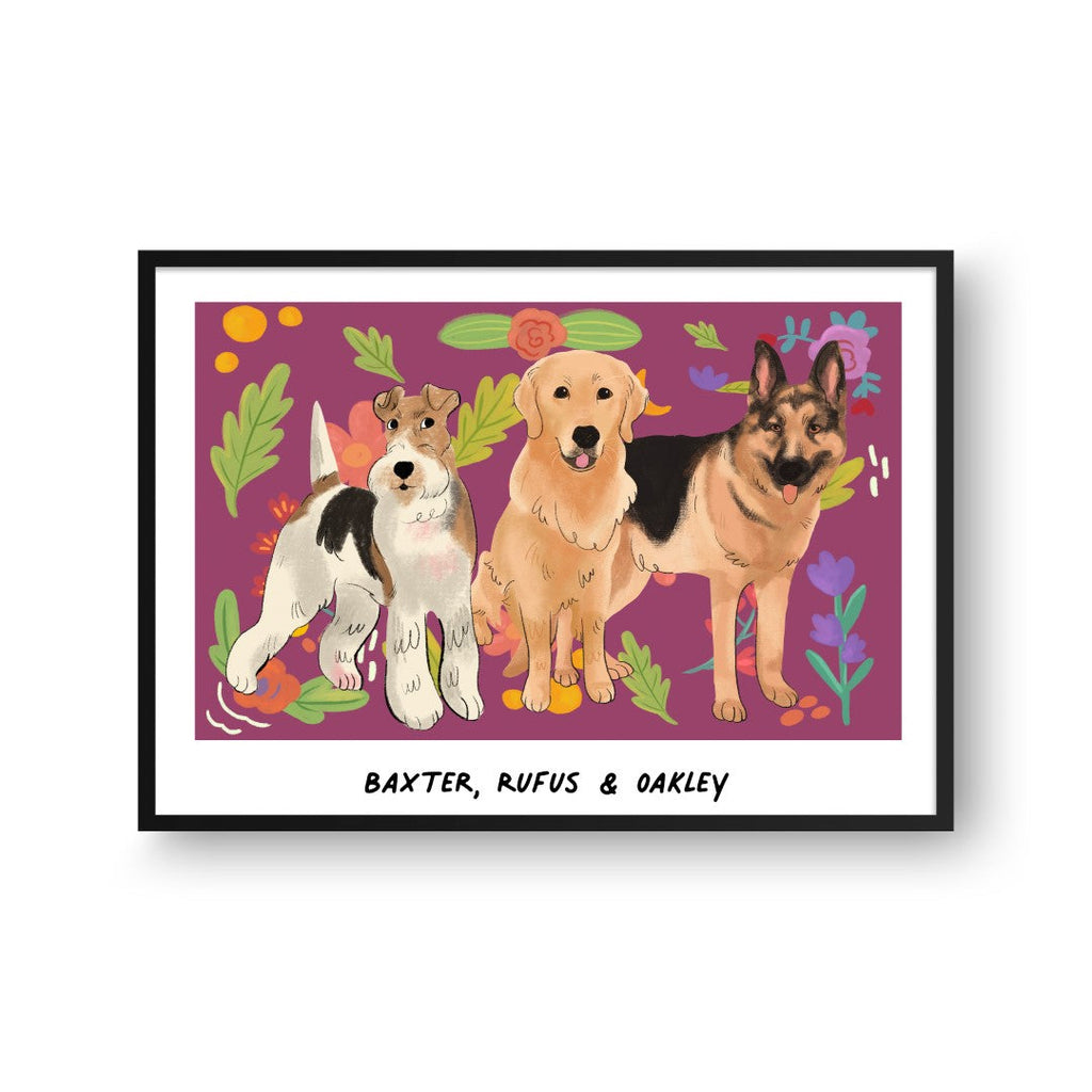 "Premium Watercolor Pet Portrait - Three Pets, Framed Poster"