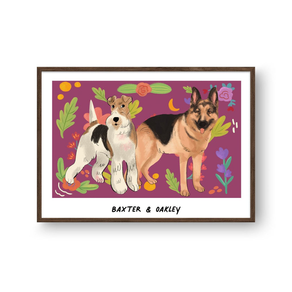 "Premium Watercolor Pet Portrait - Two Pets, Framed Poster"