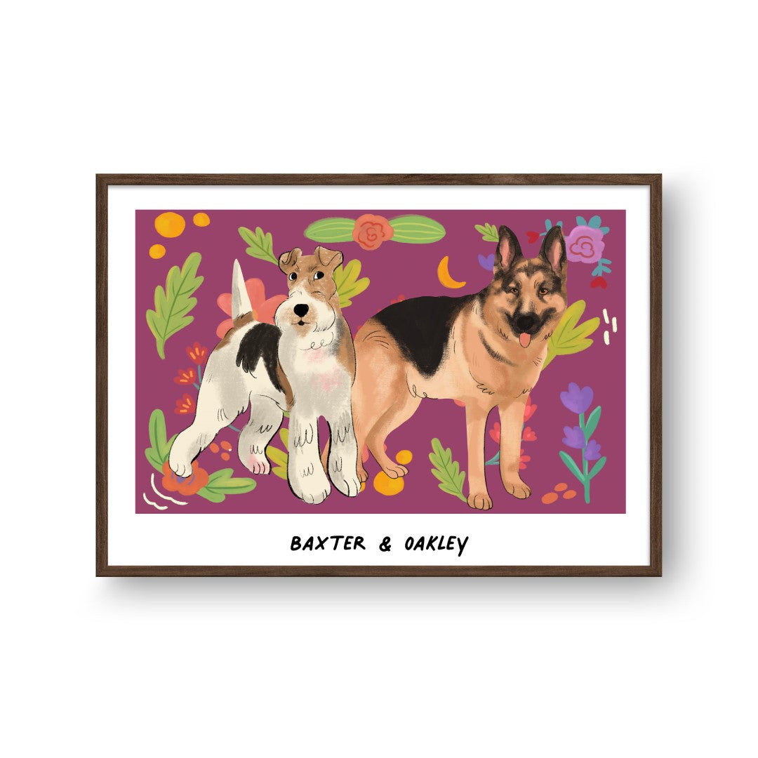 "Premium Watercolor Pet Portrait - Two Pets, Framed Poster"
