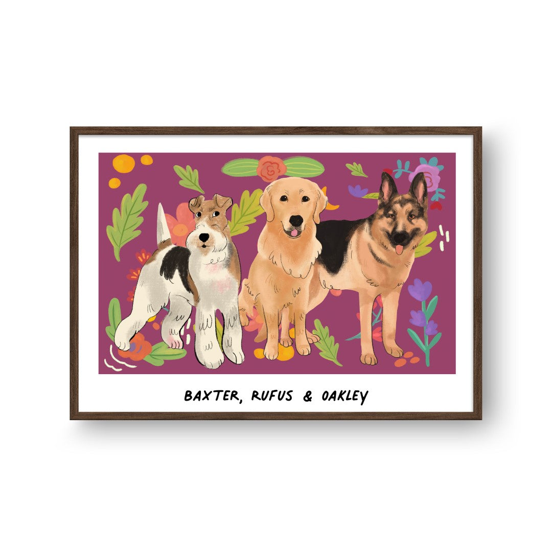 "Premium Watercolor Pet Portrait - Three Pets, Framed Poster"