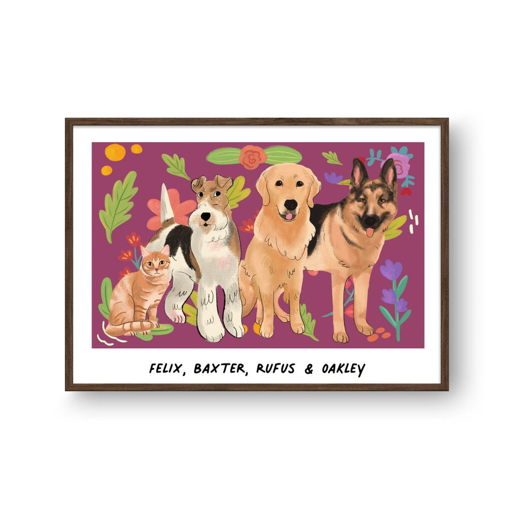 "Premium Watercolor Pet Portrait - Four Pets, Framed Poster"