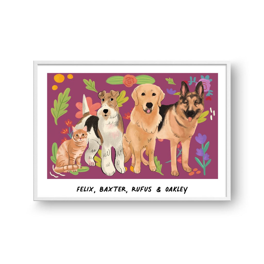 "Premium Watercolor Pet Portrait - Four Pets, Framed Poster"