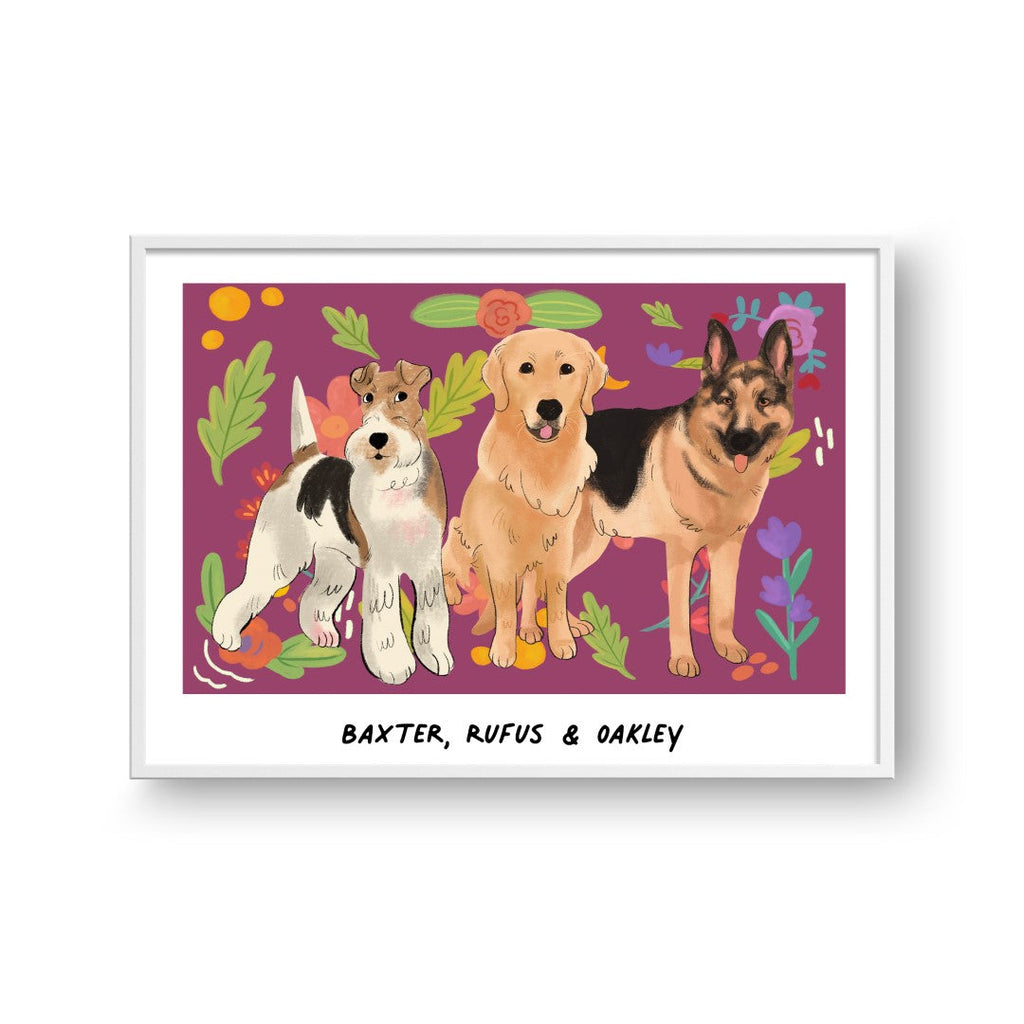 "Premium Watercolor Pet Portrait - Three Pets, Framed Poster"