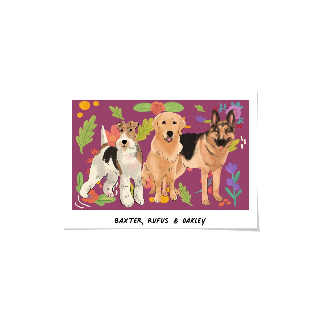 "Premium Watercolor Pet Portrait - Three Pets, Framed Poster"