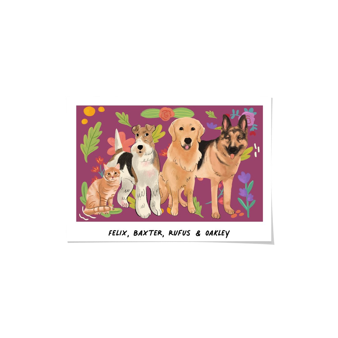 "Premium Watercolor Pet Portrait - Four Pets, Framed Poster"