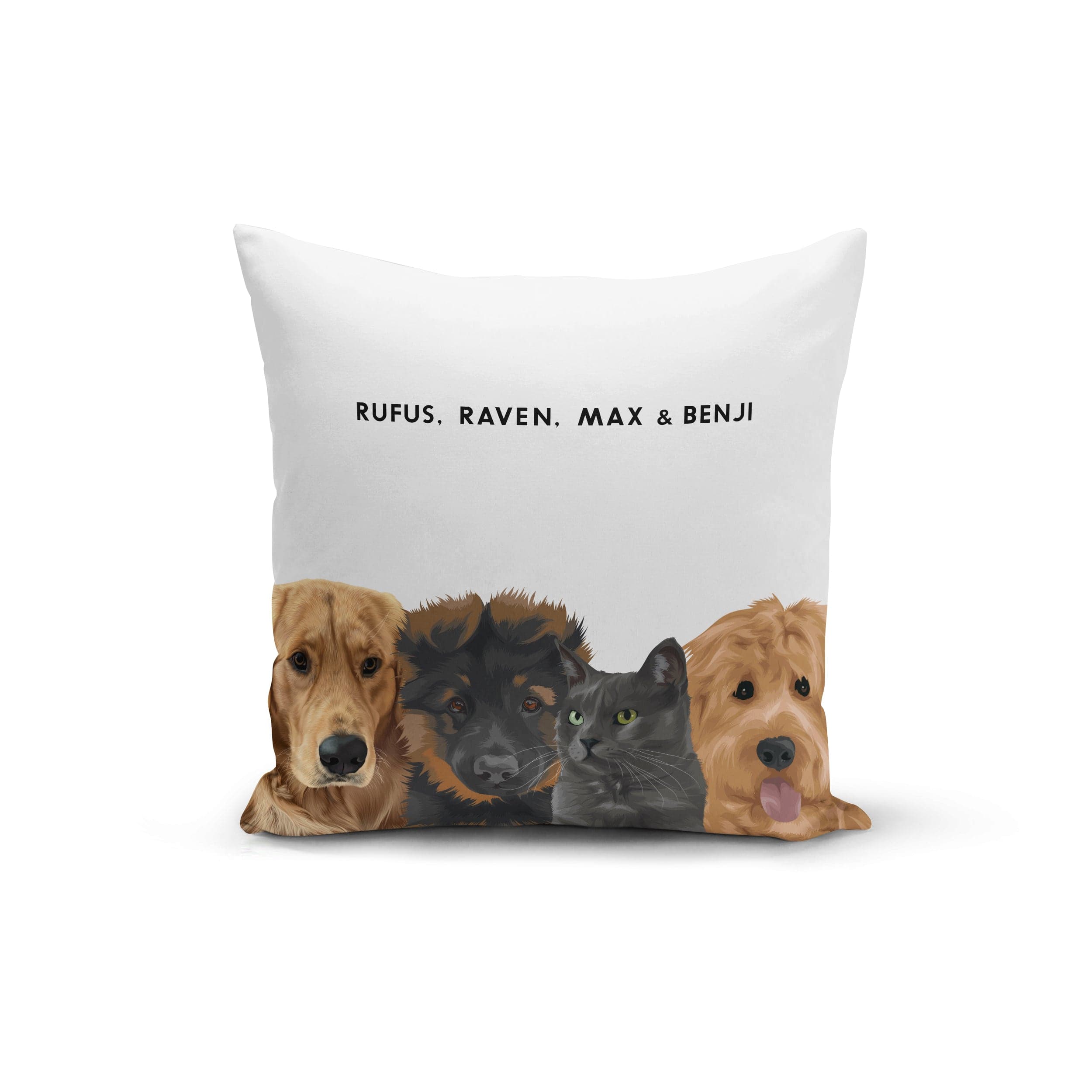 "Crown and Paw - Throw Pillow Modern Pet Face Throw Pillow - Four Pets 14"" x 14"" / With Name"