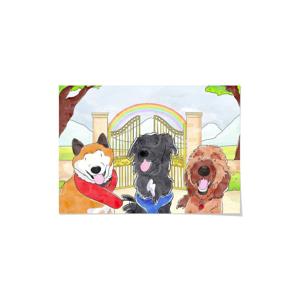 "Crown and Paw - Framed Poster Watercolor Pet Portrait - Three Pets, Framed Poster 10"" x 8"" / Unframed / Rainbow Bridge"