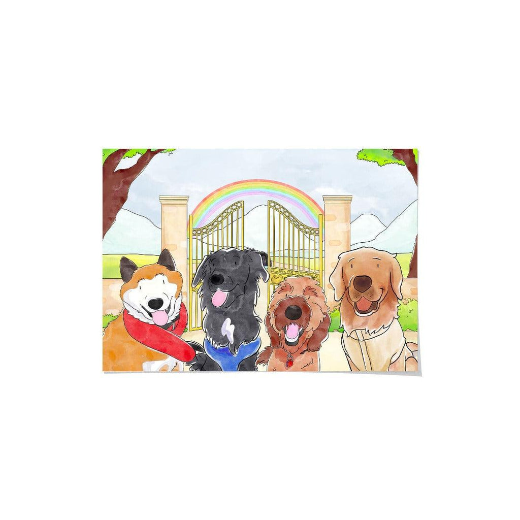 "Crown and Paw - Framed Poster Watercolor Pet Portrait - Four Pets, Framed Poster 10"" x 8"" / Unframed / Rainbow Bridge"