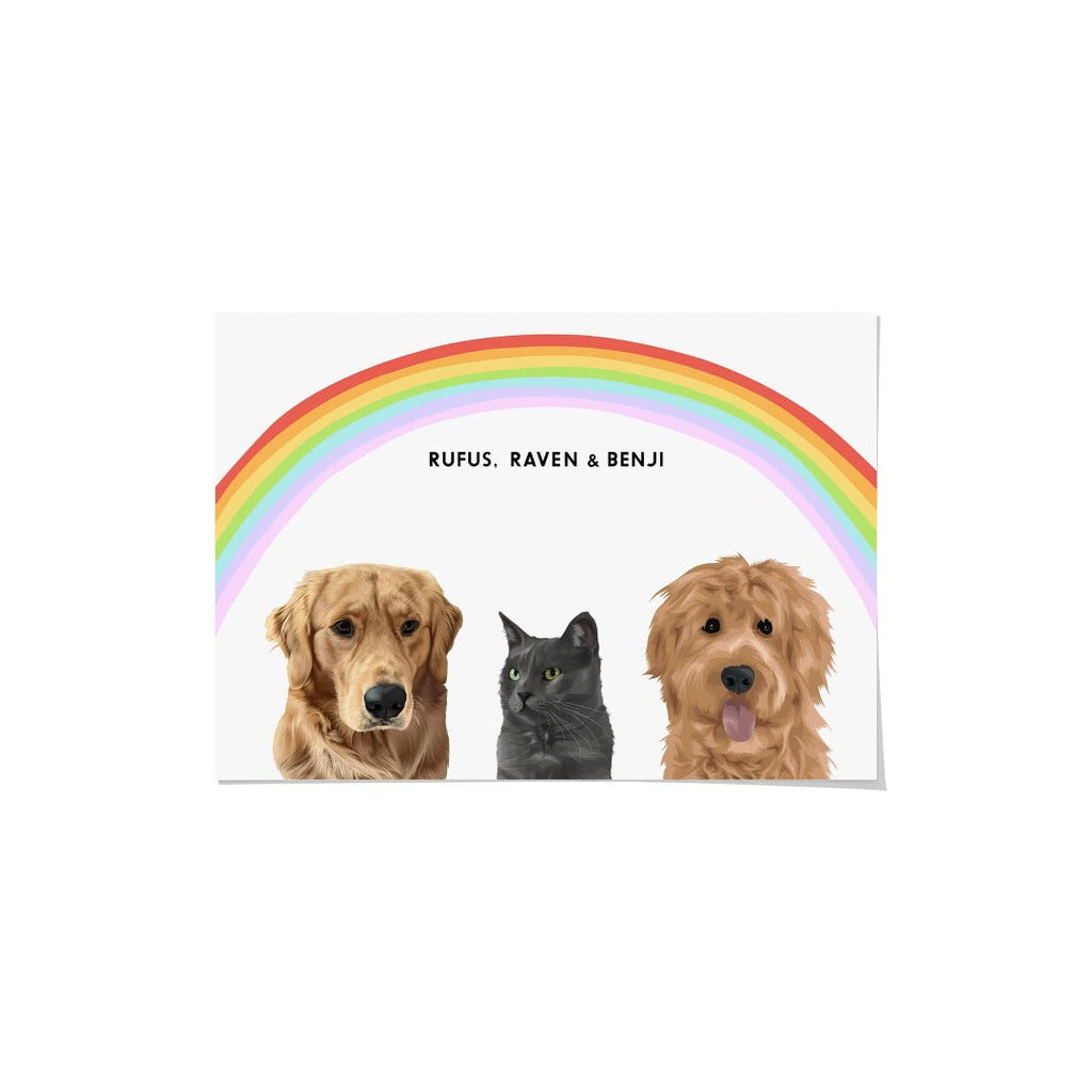 "Crown and Paw - Framed Poster Modern Pet Portrait - Three Pets 10"" x 8"" / Unframed / Rainbow"