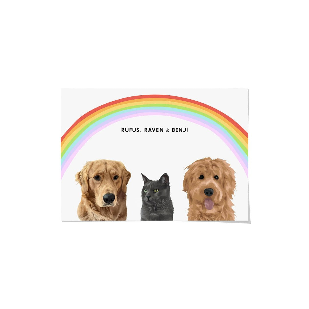 "Crown and Paw - Framed Poster Modern Pet Portrait - Three Pets 10"" x 8"" / Unframed / Rainbow"