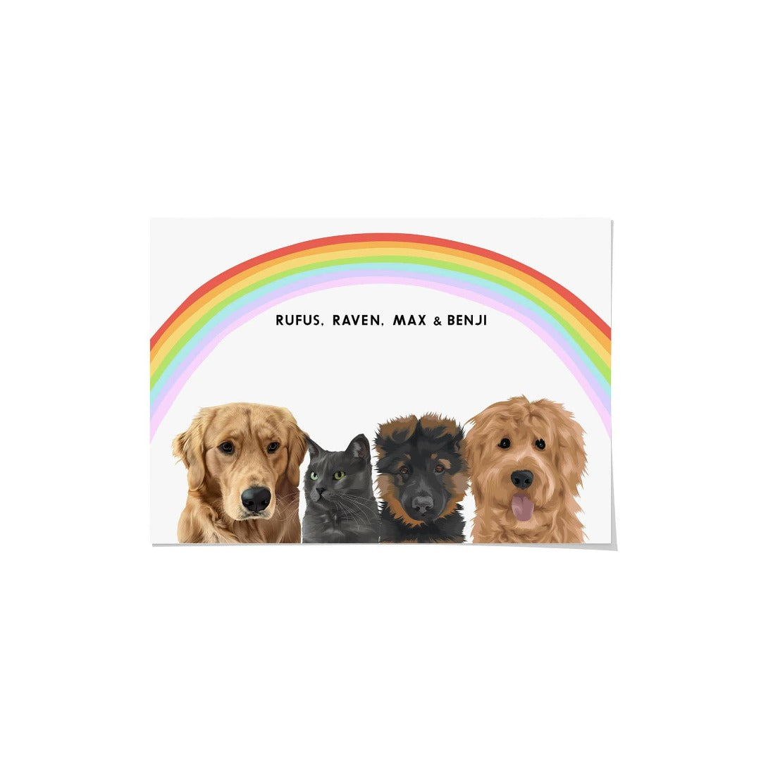 "Crown and Paw - Framed Poster Modern Pet Portrait - Four Pets 10"" x 8"" / Unframed / Rainbow"
