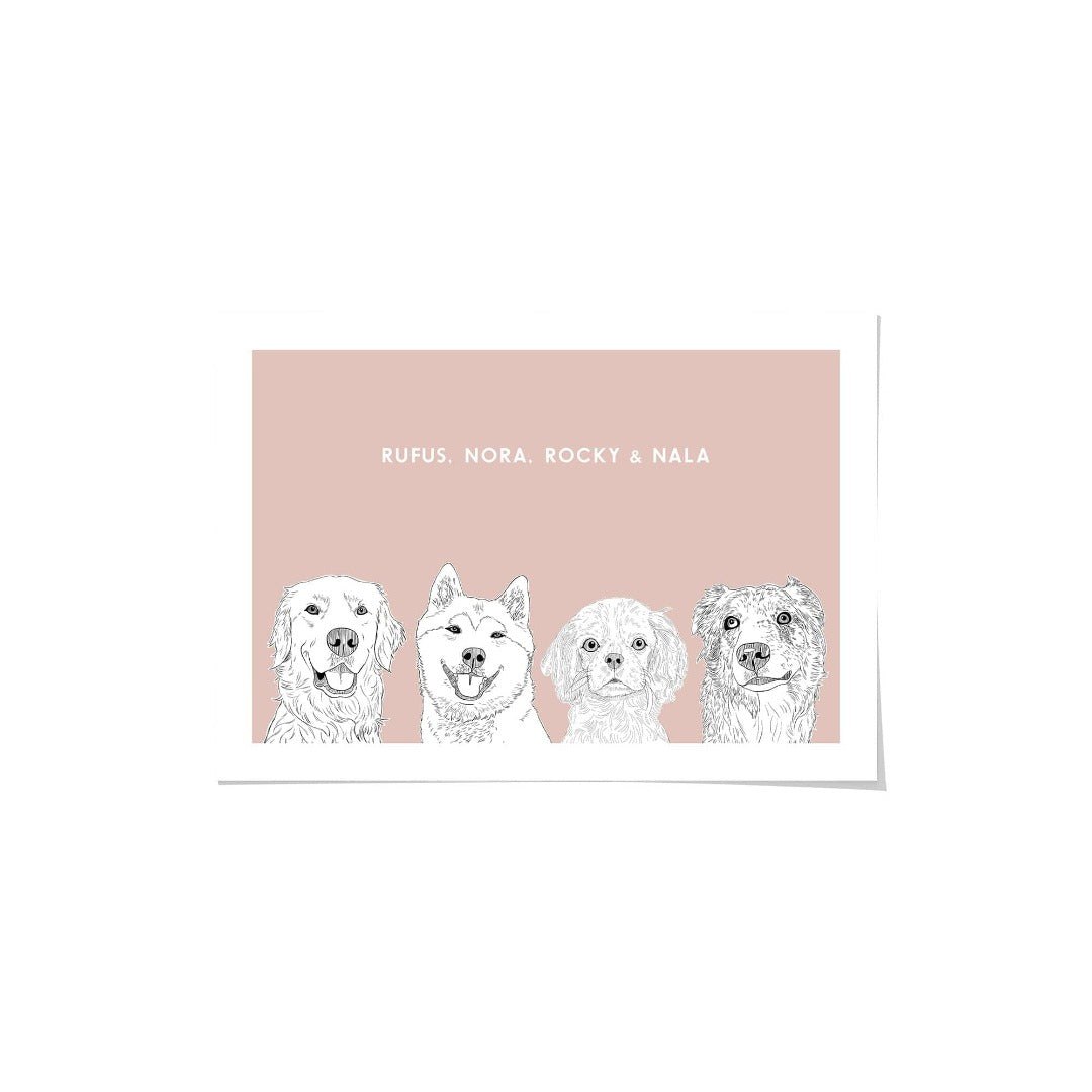 "Crown and Paw - Framed Poster Illustrated Pet Portrait - Four Pets 8"" x 10"" / Unframed / Blush"