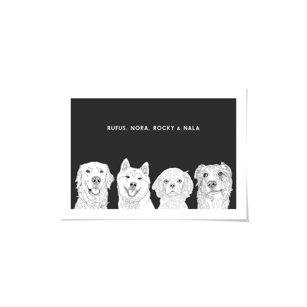 "Crown and Paw - Framed Poster Illustrated Pet Portrait - Four Pets 8"" x 10"" / Unframed / Charcoal"