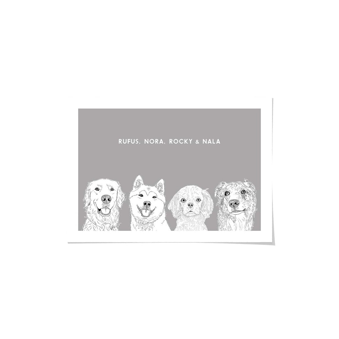 "Crown and Paw - Framed Poster Illustrated Pet Portrait - Four Pets 8"" x 10"" / Unframed / Grey"