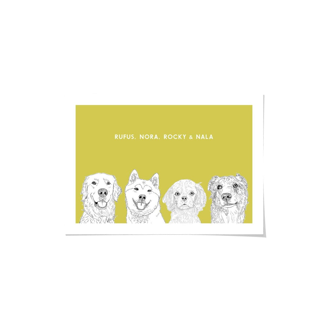 "Crown and Paw - Framed Poster Illustrated Pet Portrait - Four Pets 8"" x 10"" / Unframed / Mustard"