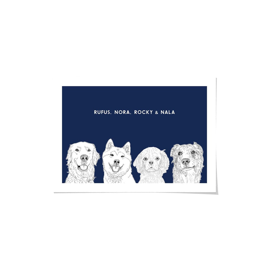 "Crown and Paw - Framed Poster Illustrated Pet Portrait - Four Pets 8"" x 10"" / Unframed / Navy"
