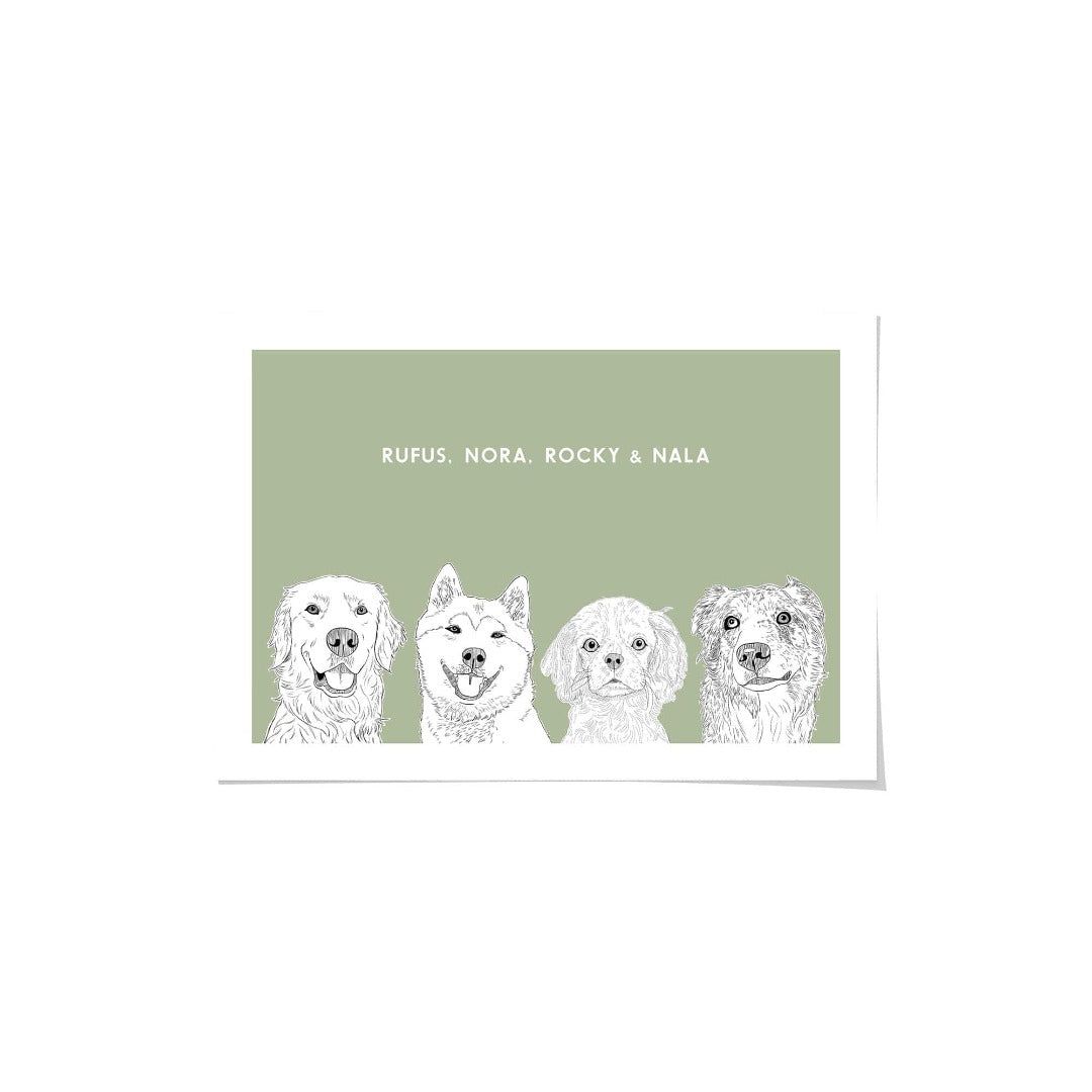 "Crown and Paw - Framed Poster Illustrated Pet Portrait - Four Pets 8"" x 10"" / Unframed / Sage"
