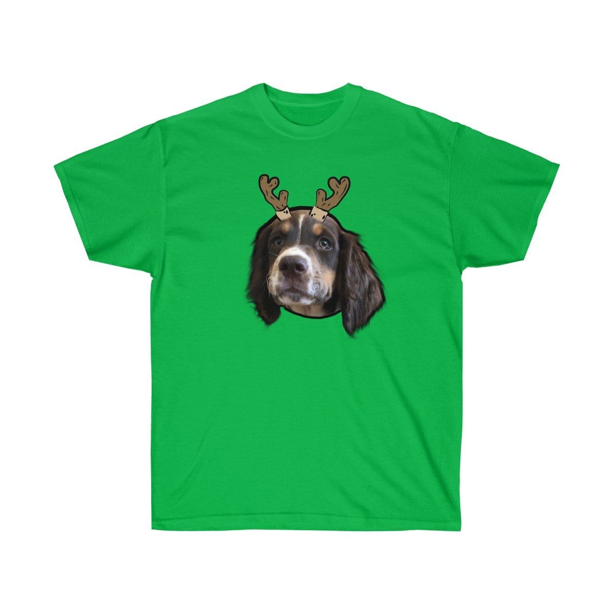 Crown and Paw - Custom Clothing Novelty Pet Face Christmas T-Shirt Festive Green / Reindeer Antlers / S