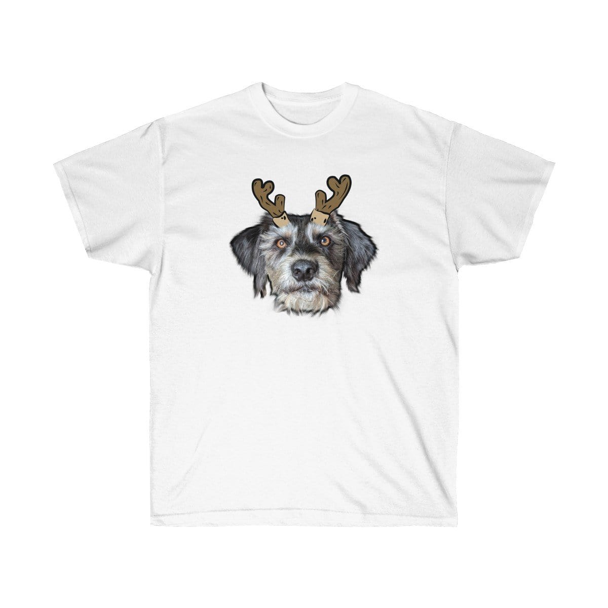 Crown and Paw - Custom Clothing Novelty Pet Face Christmas T-Shirt Snow White / Reindeer Antlers / S