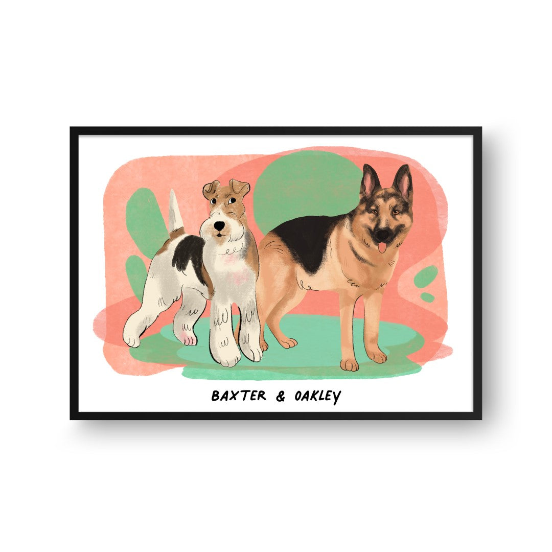 "Premium Watercolor Pet Portrait - Two Pets, Framed Poster"