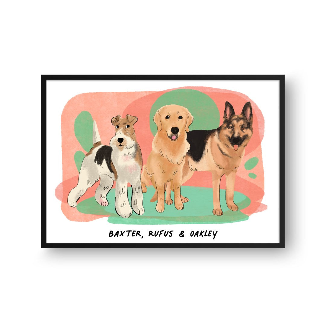 "Premium Watercolor Pet Portrait - Three Pets, Framed Poster"