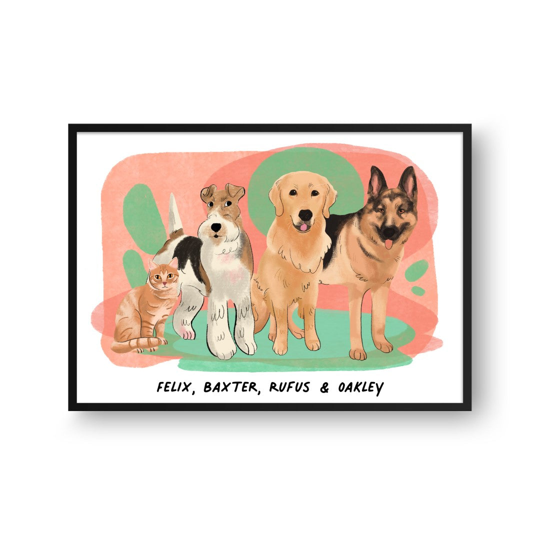 "Premium Watercolor Pet Portrait - Four Pets, Framed Poster"