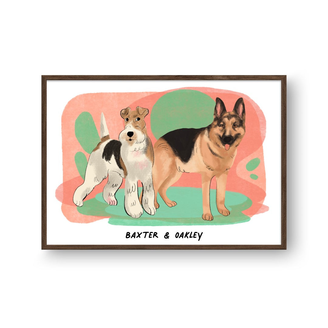 "Premium Watercolor Pet Portrait - Two Pets, Framed Poster"