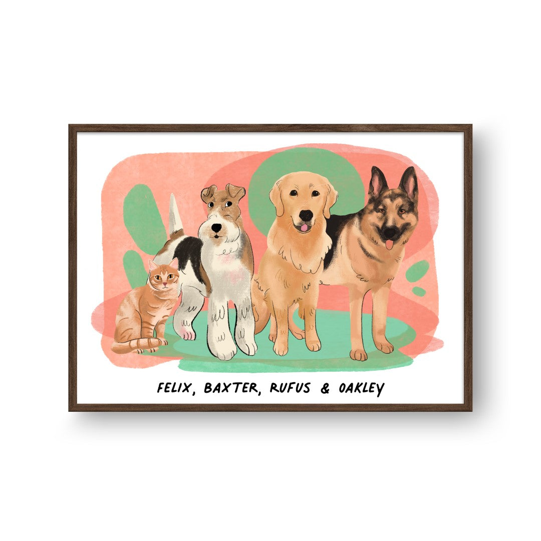 "Premium Watercolor Pet Portrait - Four Pets, Framed Poster"