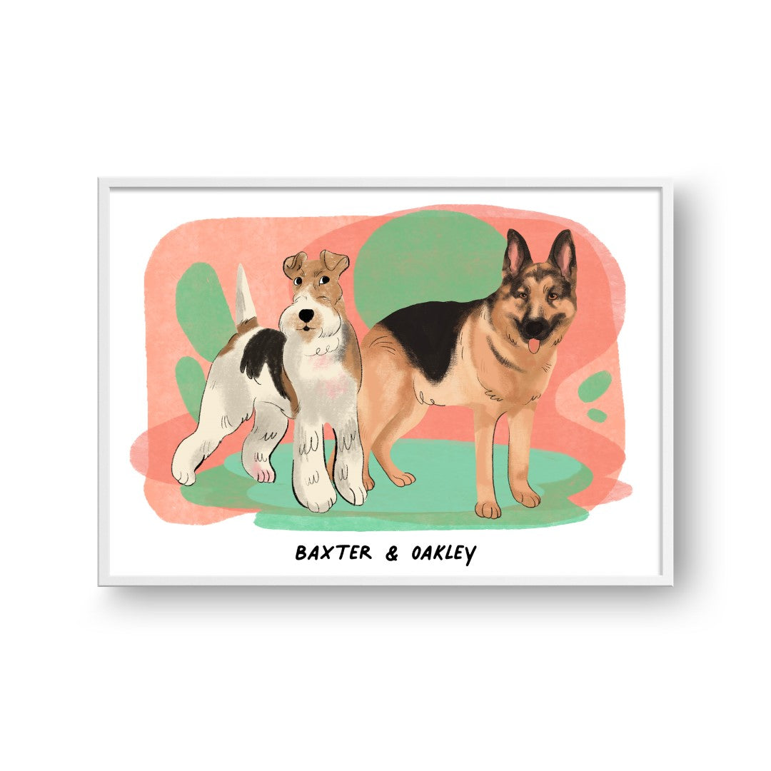 "Premium Watercolor Pet Portrait - Two Pets, Framed Poster"