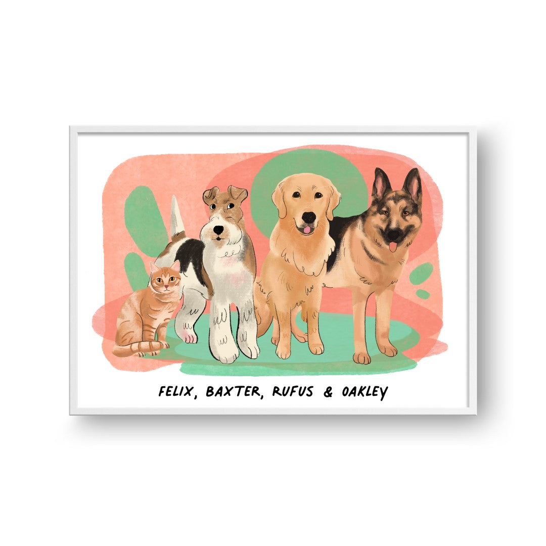 "Premium Watercolor Pet Portrait - Four Pets, Framed Poster"