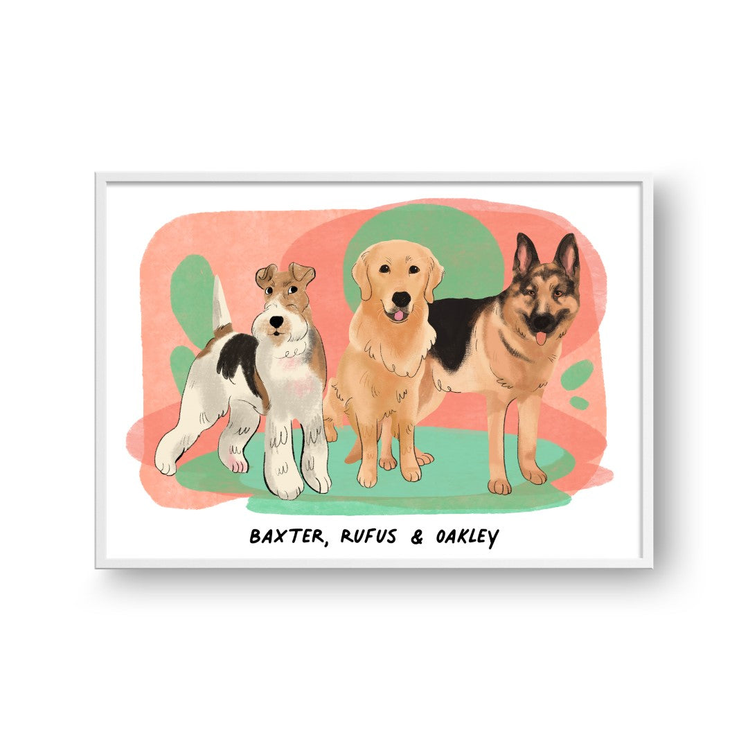 "Premium Watercolor Pet Portrait - Three Pets, Framed Poster"