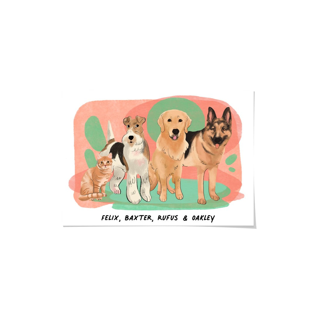 "Premium Watercolor Pet Portrait - Four Pets, Framed Poster"