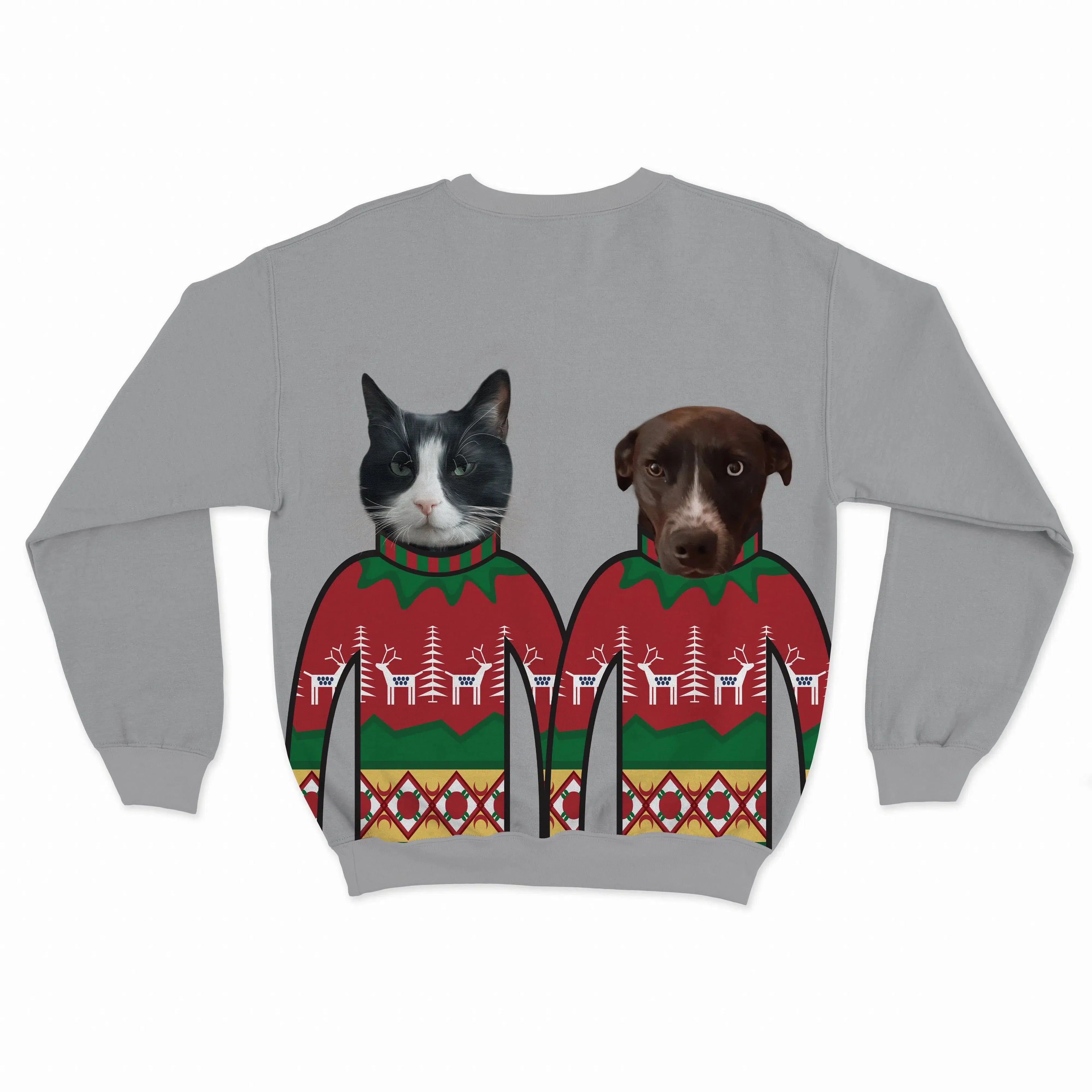 Crown and Paw - Custom Clothing Custom Pet Face Christmas Sweatshirt - Two Pets Sports Grey / Red / S