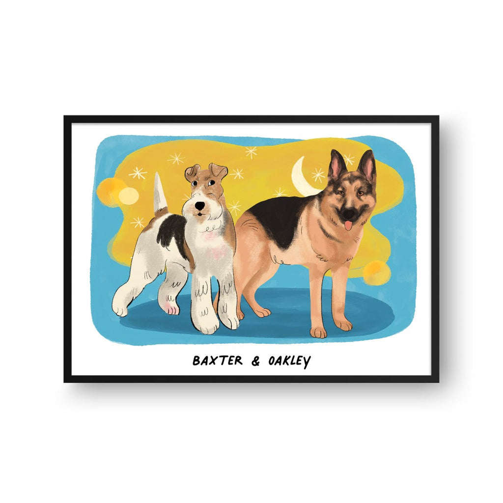 "Premium Watercolor Pet Portrait - Two Pets, Framed Poster"
