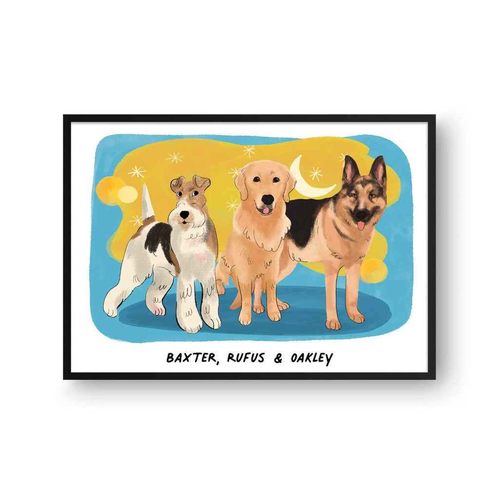 "Premium Watercolor Pet Portrait - Three Pets, Framed Poster"