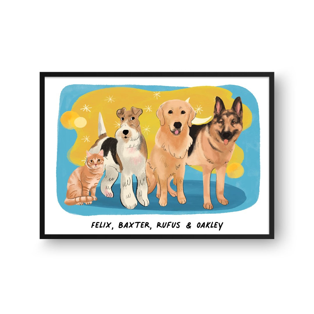 "Premium Watercolor Pet Portrait - Four Pets, Framed Poster"