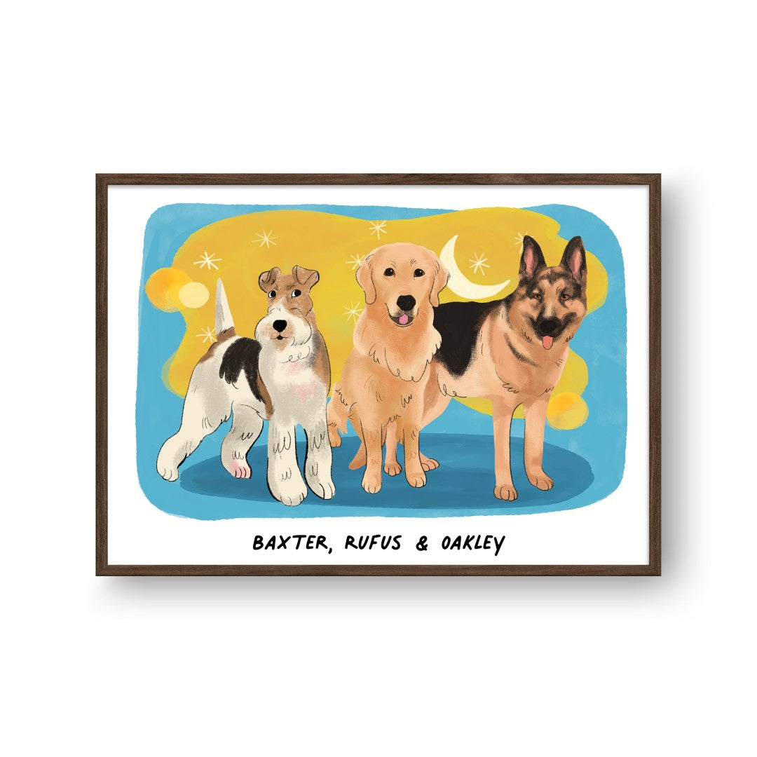 "Premium Watercolor Pet Portrait - Three Pets, Framed Poster"