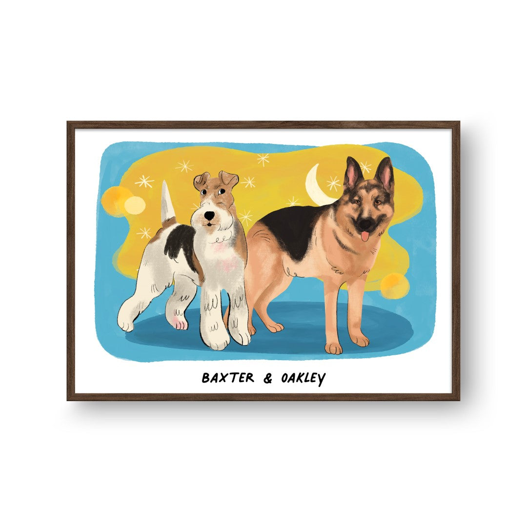 "Premium Watercolor Pet Portrait - Two Pets, Framed Poster"