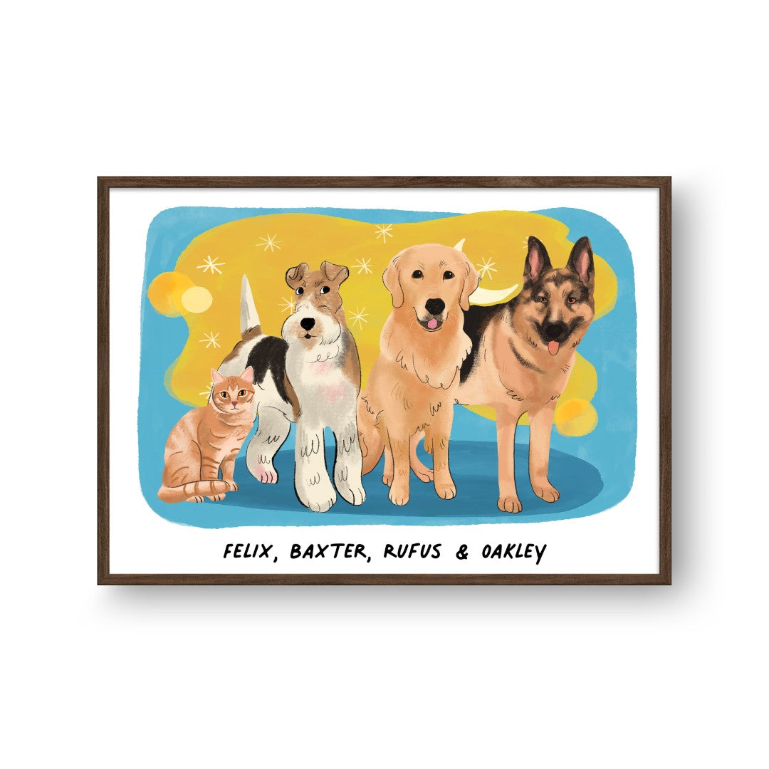 "Premium Watercolor Pet Portrait - Four Pets, Framed Poster"