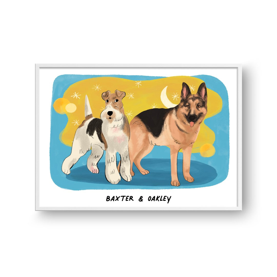 "Premium Watercolor Pet Portrait - Two Pets, Framed Poster"