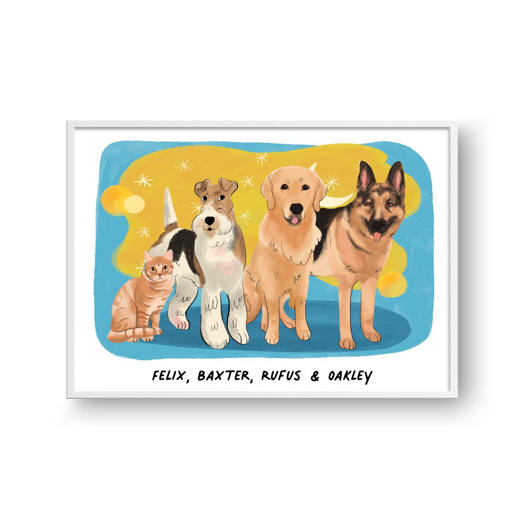 "Premium Watercolor Pet Portrait - Four Pets, Framed Poster"