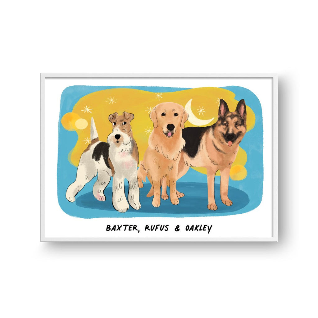 "Premium Watercolor Pet Portrait - Three Pets, Framed Poster"