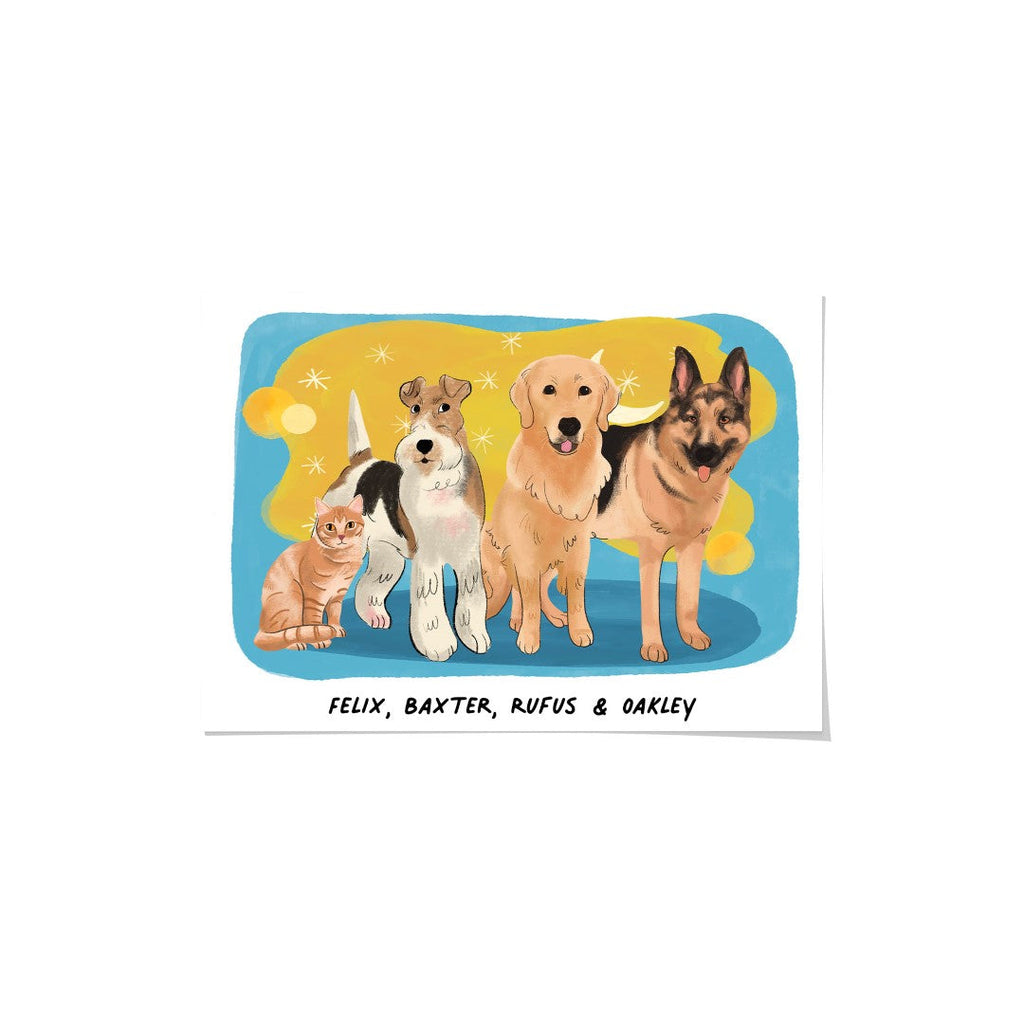 "Premium Watercolor Pet Portrait - Four Pets, Framed Poster"