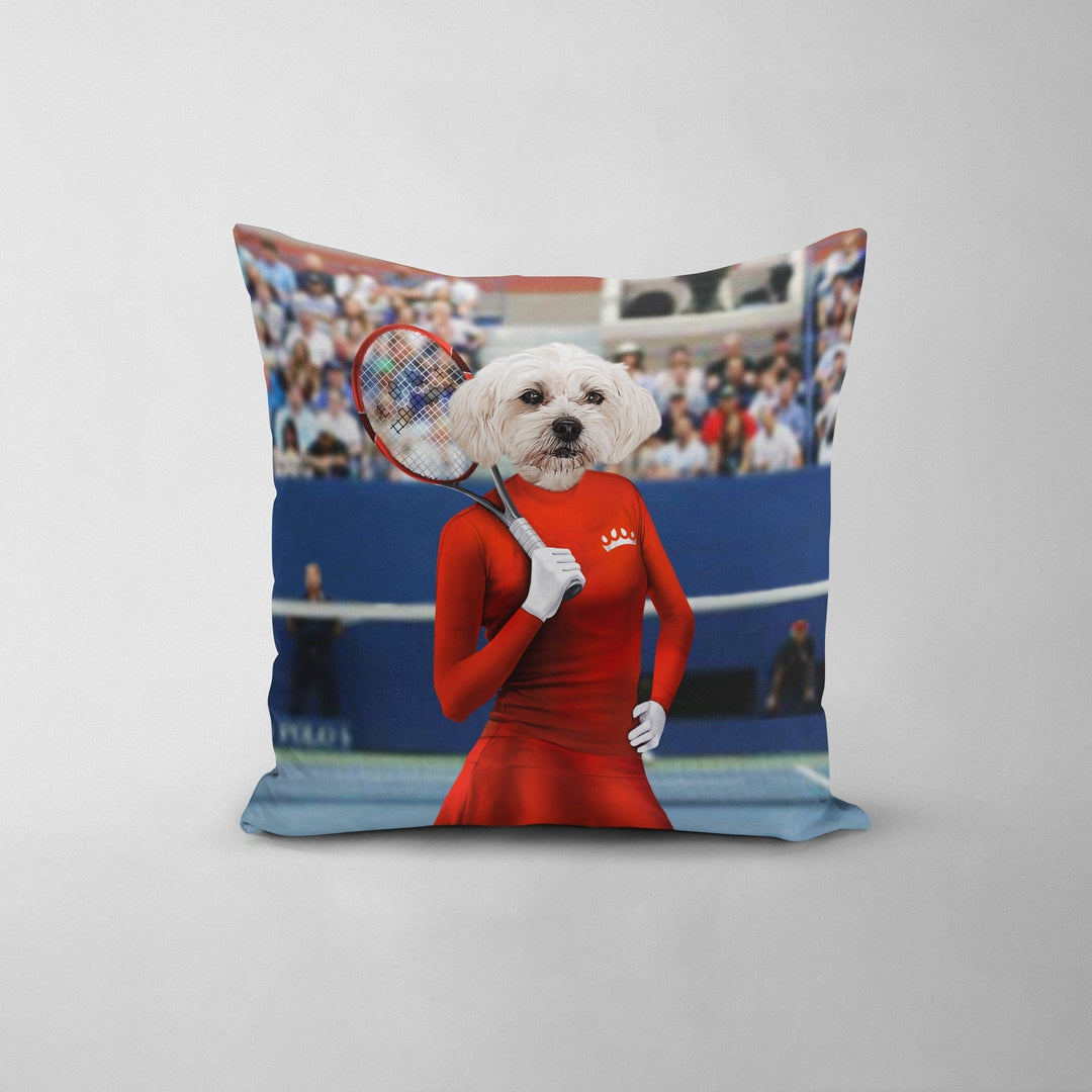 "Crown and Paw - Throw Pillow Female Tennis Player - Custom Throw Pillow 14"" x 14"" / Red"