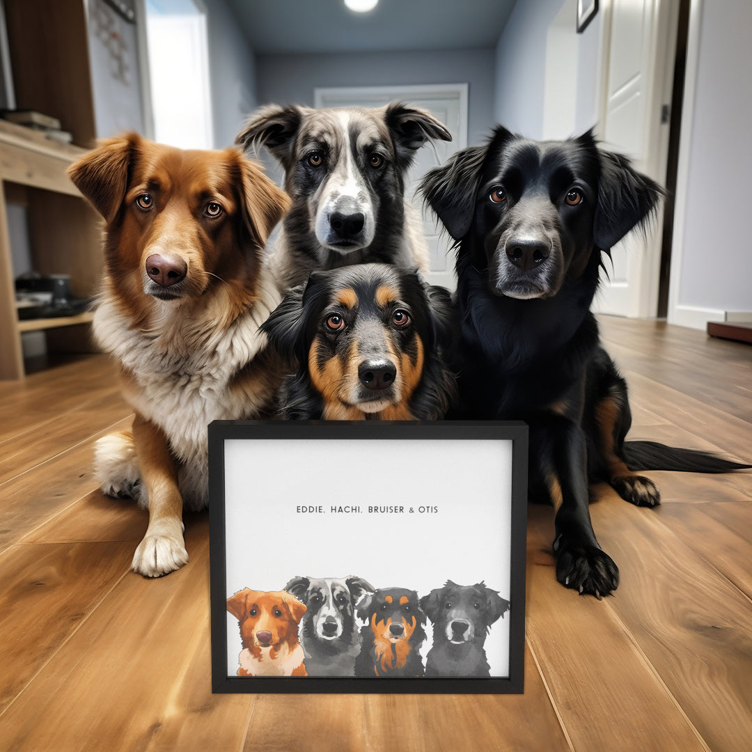 "Watercolor Pet Portrait - Four Pets, Framed Poster"
