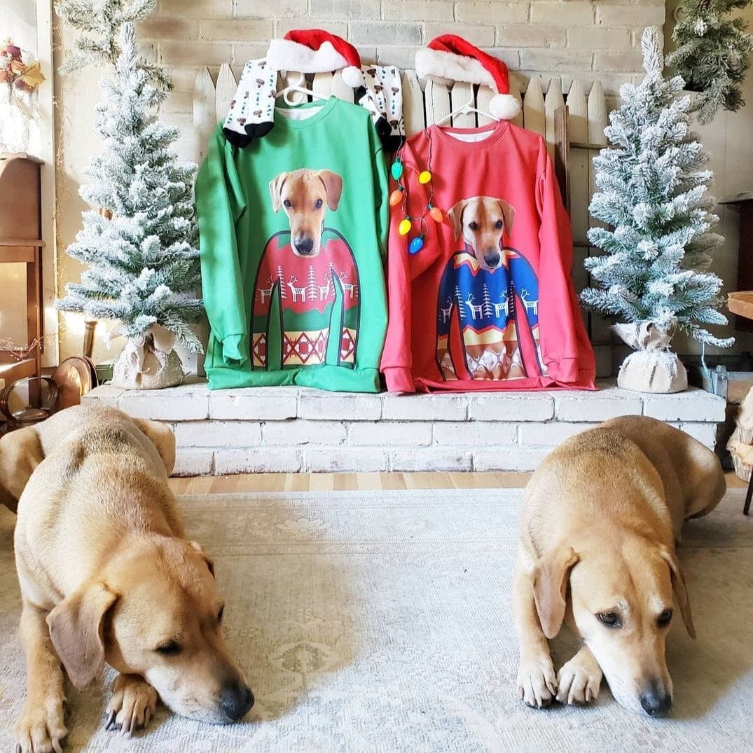 Crown and Paw - Custom Clothing Pet Face Christmas Sweatshirt Christmas Red / Blue / S