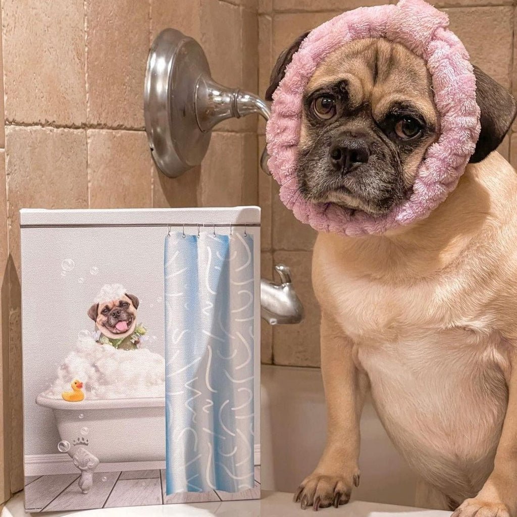"Crown and Paw - Canvas Bath Tub Pet Portrait (One Pet) - Custom Pet Art Canvas 8"" x 10"" / Mint / With Curtain"